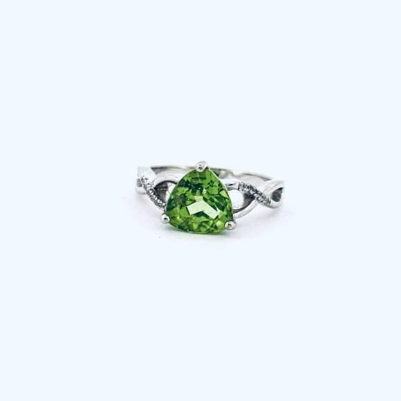 Estate Sterling Silver 925 Trillion Cut Peridot & CZ Accent Ring Size 7, 3.5g - Picture 1 of 11